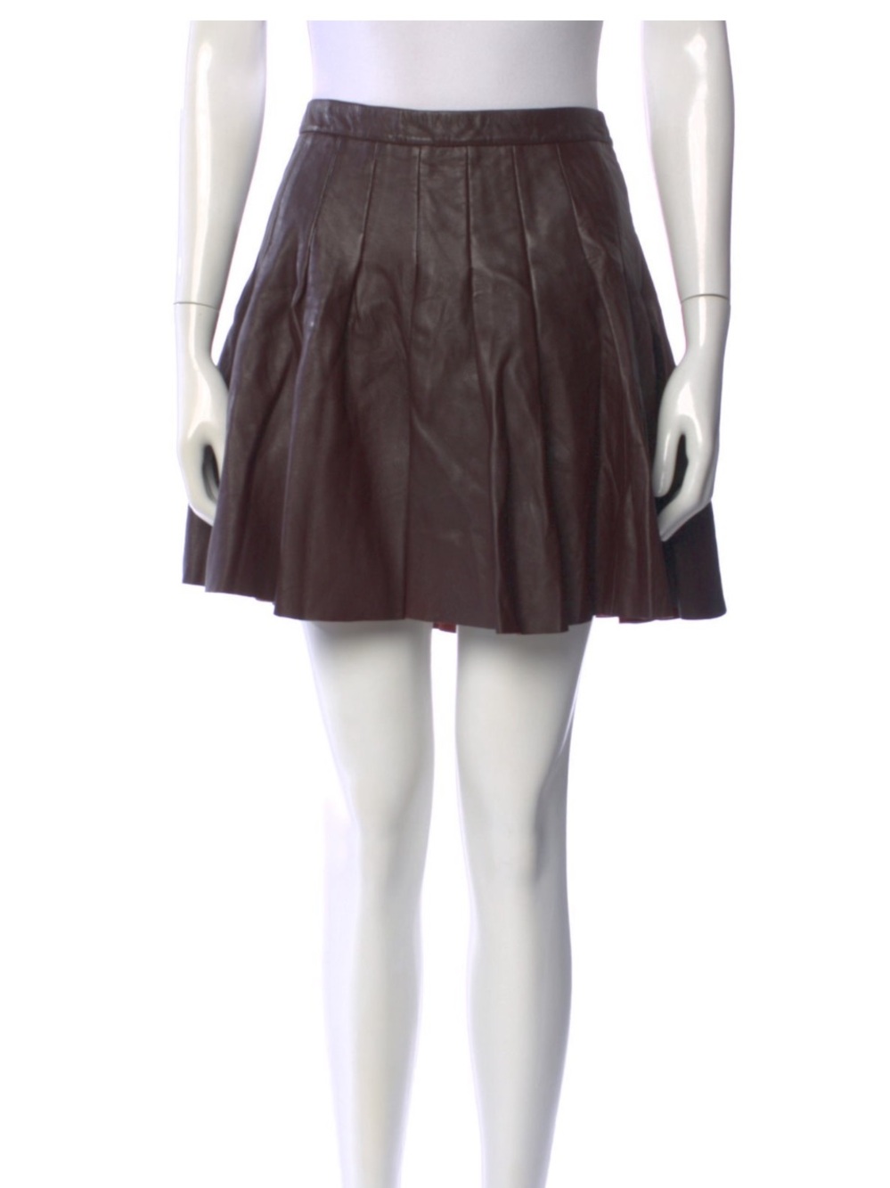 AllSaints Brown Leather Pleated Mini Skirt with Front Zip